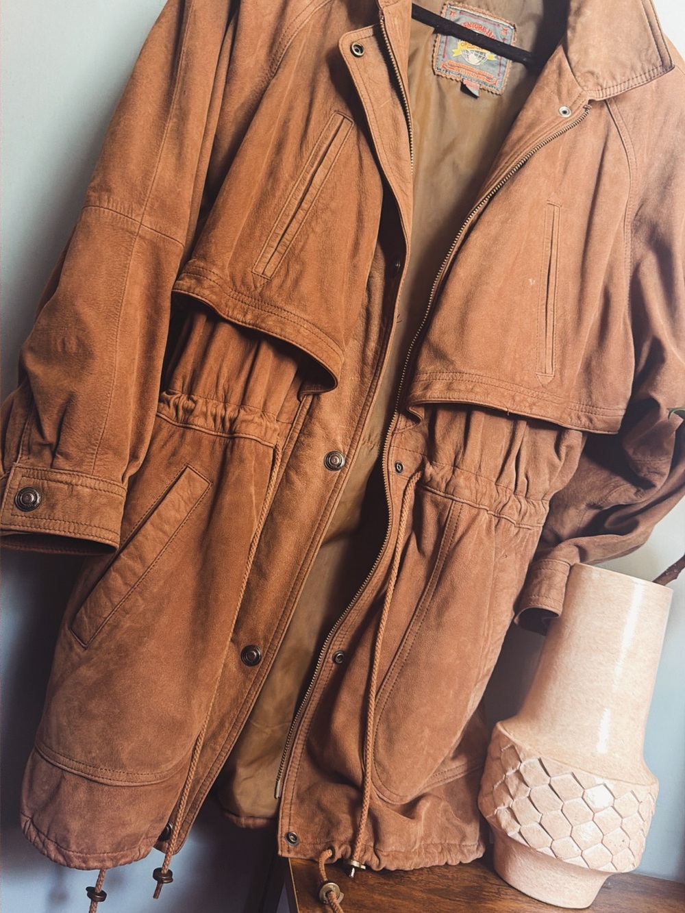 Vintage Genuine Suede Leather Jacket L Brown Safari Utility Field Coat